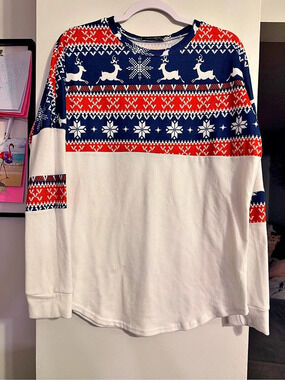 Camisa Geometric Long Sleeve Top in White & Blue Size XL